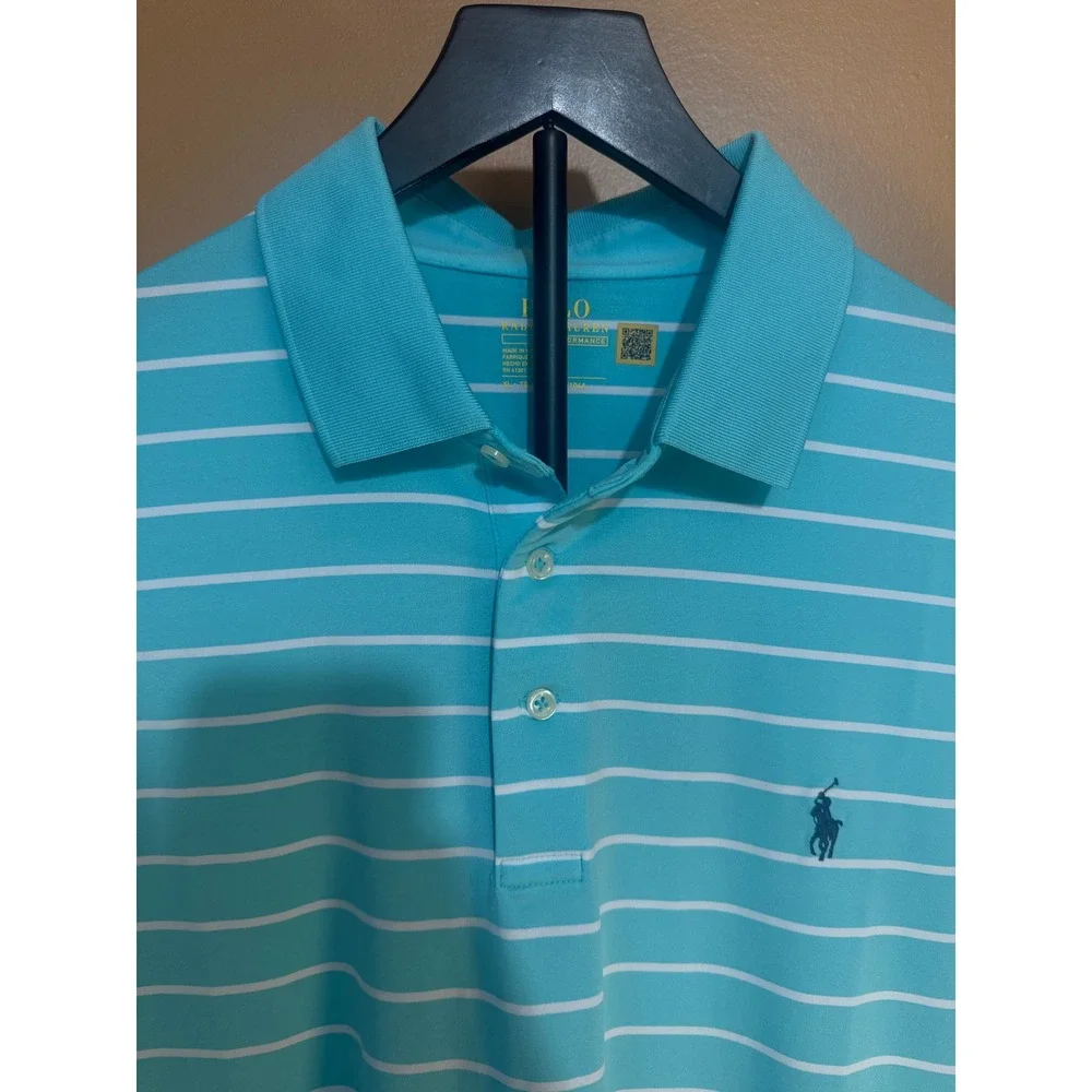 Polo Ralph Lauren Performance Shirt Mens XL Aqua Blue White Striped Golf Polo
